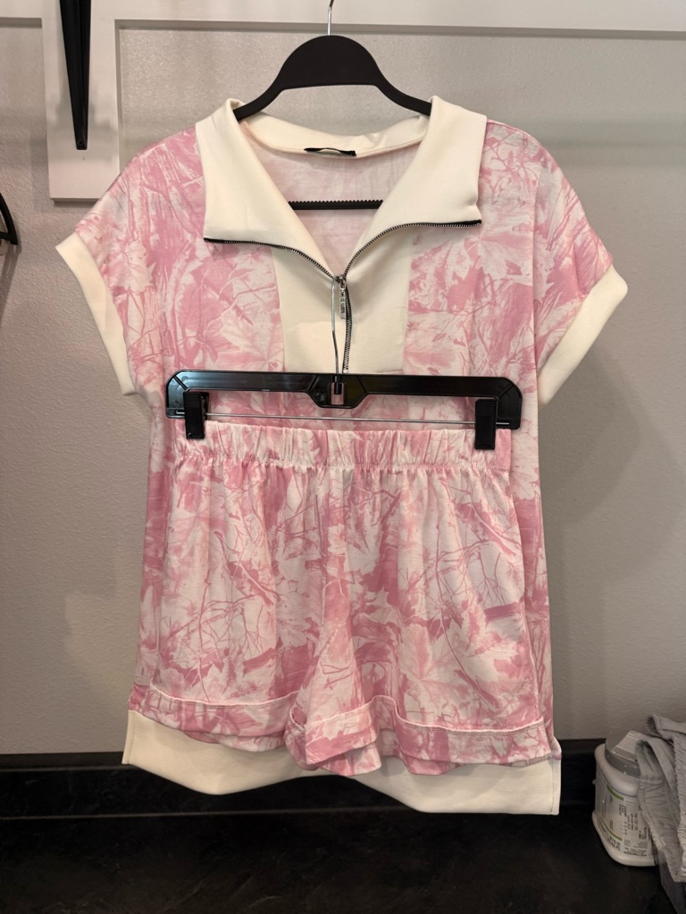 HEIMISH USA Pink and White Zip Top with Matching Shorts Set